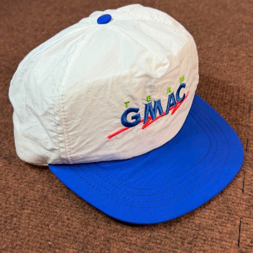 A+ Vintage Team GMAC Snapback Hat White Blue Nylon Made in USA Retro Racing Cap